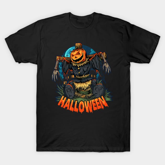 halloween pumpkin scarecrow middle cemetery halloween night T-Shirt by drydenshops